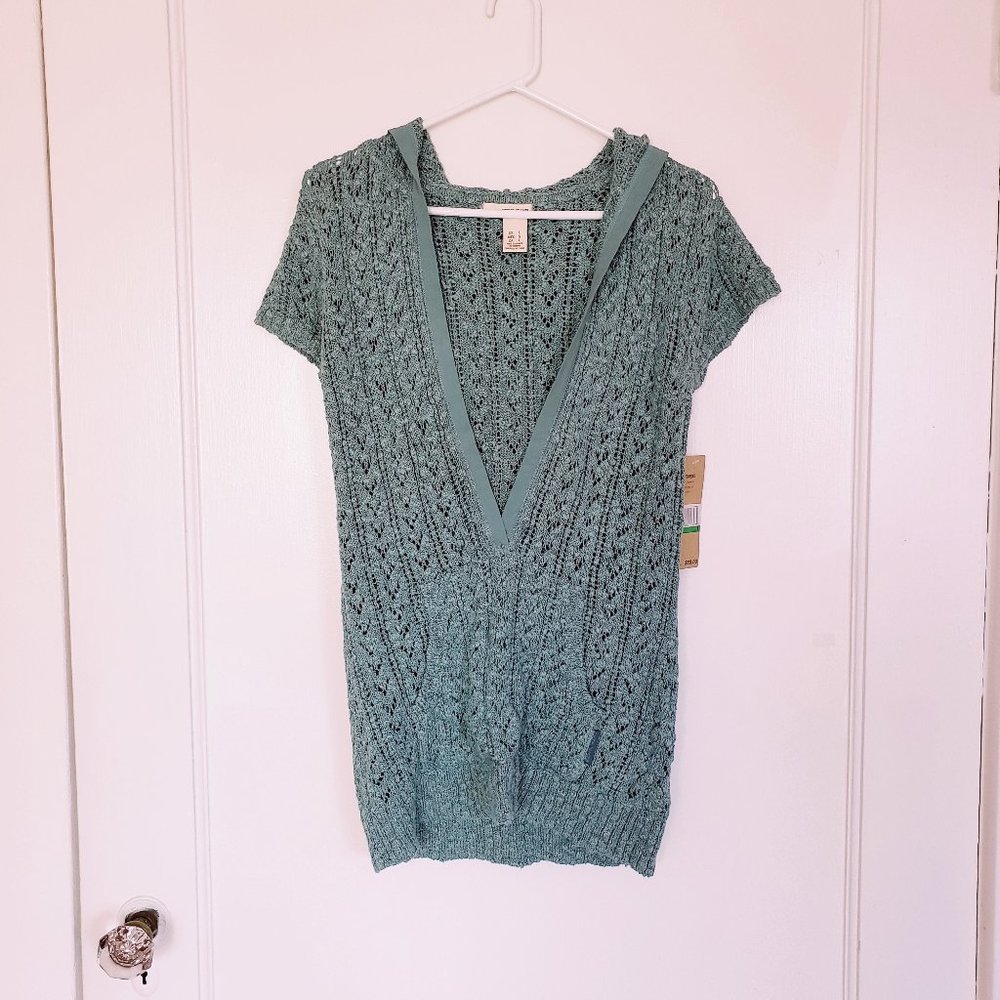 DKNY Jeans NWT Women's Blue Gray Hooded Sweater Top Short Sleeve Knit Size Large